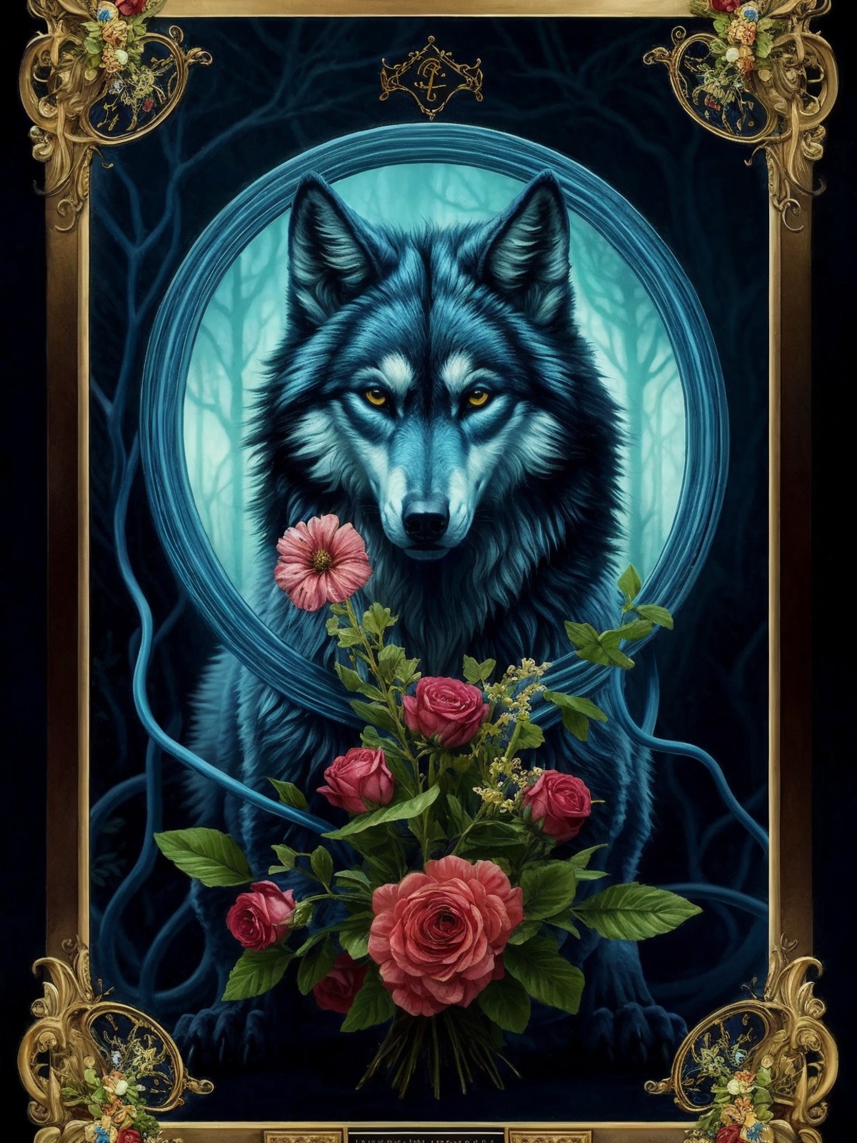feral wolf + magical + symmetrical + symmetry + flower bouquet + bright blue vines + detailed intricate ink illustration +...